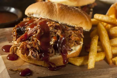 Un succulento panino con pulled pork, ricoperto di salsa barbecue, servito con patatine fritte croccanti.