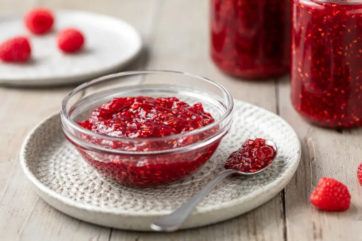 Una ciotola di vetro piena di marmellata di lamponi, con un cucchiaino e lamponi freschi sullo sfondo.