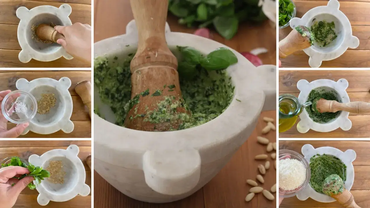 Preparazione di una ricetta pesto semplice: pestare aglio, sale, basilico, pinoli, olio e parmigiano in un mortaio.