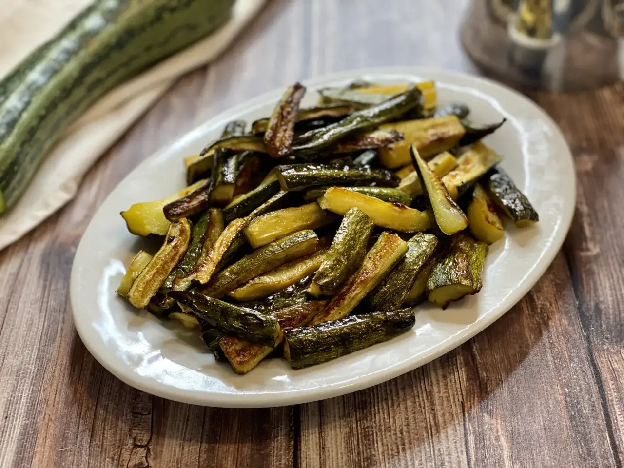 Zucchine al forno, tagliate a bastoncini e dorate, servite su un piatto bianco. Un contorno semplice e gustoso.