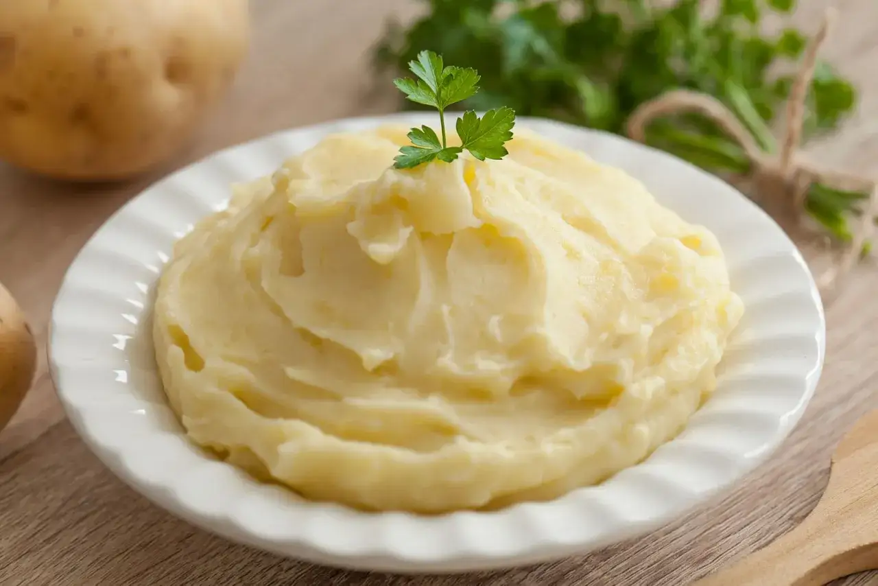 Un soffice pure di patate, guarnito con un ciuffo di prezzemolo, pronto per essere gustato.