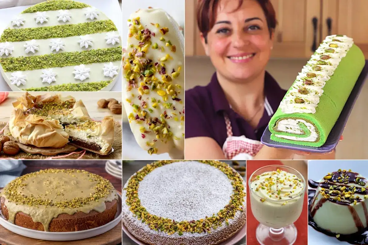 Collage di dolci al pistacchio: torte, rotolo, gelato e altro ancora.