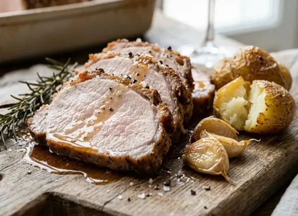 Arista al forno succulenta su tagliere di legno, con patate arrosto, aglio e rosmarino.